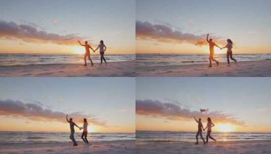 海滩上玩风筝的年轻夫妇高清在线视频素材下载