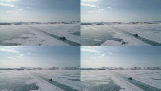 汽车行使在冰湖上高清在线视频素材下载