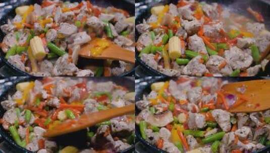 石锅中烹饪的美食高清在线视频素材下载
