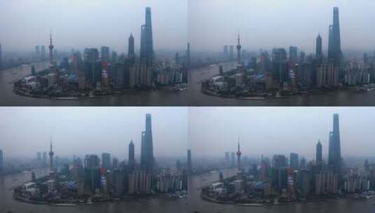 雾霾天的上海陆家嘴航拍高清在线视频素材下载