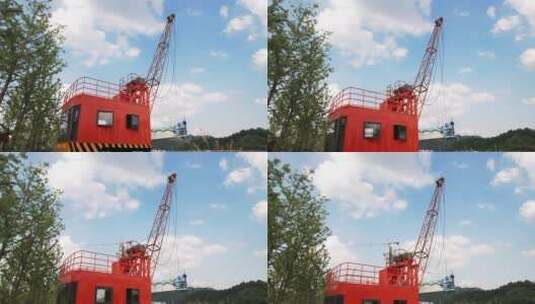 航拍新安江上在建的建德大桥施工机械高清在线视频素材下载