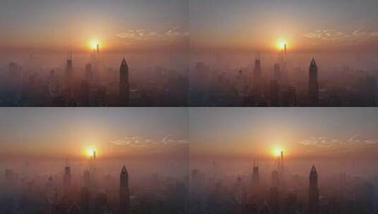 上海陆家嘴城市天际线日出震撼平流雾航拍高清在线视频素材下载