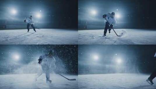 曲棍球冰球运动员击打冰球进球高清在线视频素材下载
