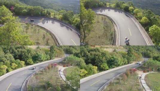森林公路骑行机车俯拍道路摩托车航拍过弯道高清在线视频素材下载