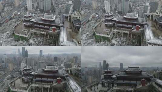 贵阳冬季下雪城市东山山体公园东山寺航拍高清在线视频素材下载