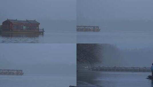 游船行驶在浓雾中的杭州西湖高清在线视频素材下载