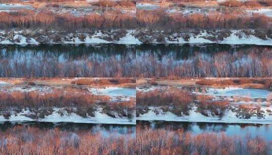 航拍湿地开河晨景高清在线视频素材下载