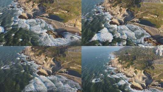 航拍海鸟在海滩上空飞翔海浪冲击海滩礁石4K高清在线视频素材下载