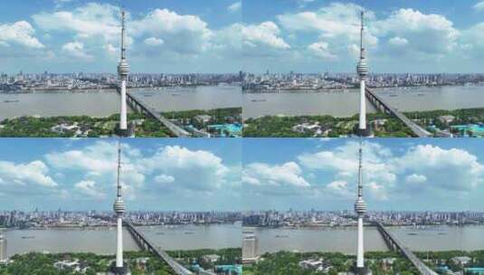 航拍武汉城市地标电视塔与长江大桥江景高清在线视频素材下载