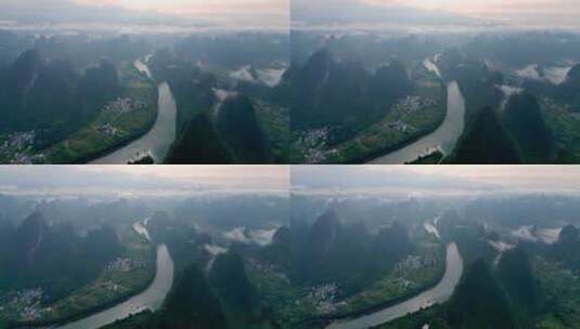 航拍桂林早晨到烟雨漓江自然风光高清在线视频素材下载