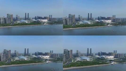 航拍杭州亚运主题公园奥体中心体育馆高清在线视频素材下载