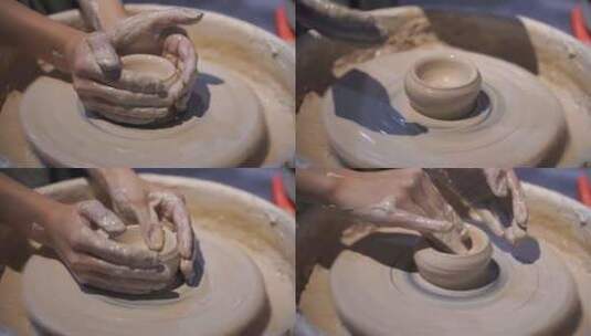 美女游客体验制作陶瓷手工艺术品瓷器碗拉坯高清在线视频素材下载