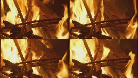 树枝木柴火木炭火篝火焰燃烧高清在线视频素材下载