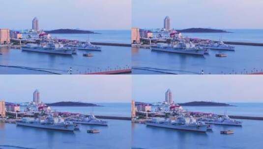 4K航拍青岛夕阳轮船高清在线视频素材下载