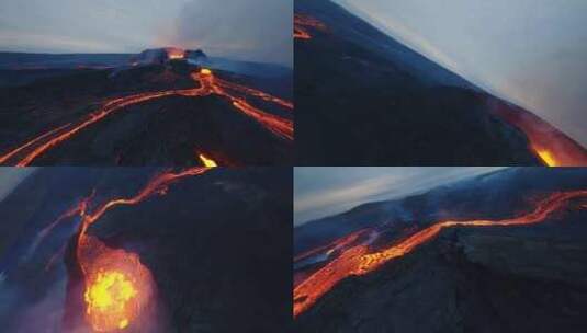 穿越机航拍火山口正在流动的岩浆高清在线视频素材下载