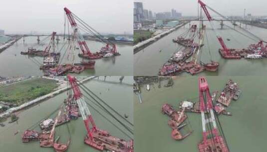 中国广东省广州市南沙区下横沥水道沉船打捞高清在线视频素材下载