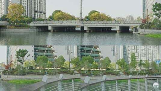余杭未来城城市公园绿道和河流高清在线视频素材下载