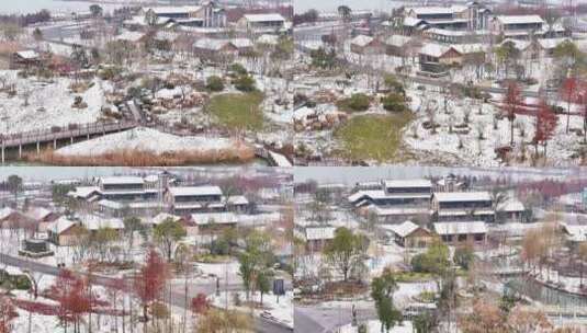 航拍湿地公园雪景树林湖岛木屋杉树木高清在线视频素材下载