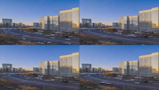 北京望京SOHO早晨阳光车流建筑延时高清在线视频素材下载