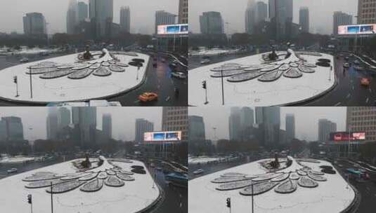南京鼓楼广场雪景航拍高清在线视频素材下载