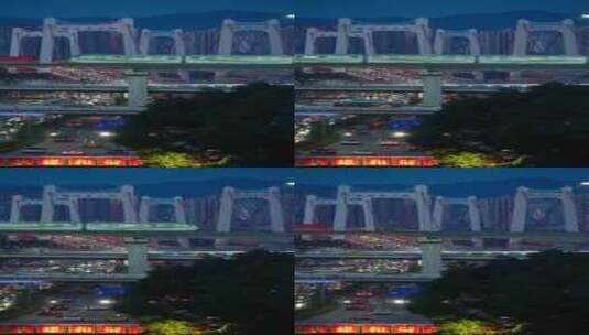 重庆鹅公岩大桥与行驶中的地铁轻轨车流夜景高清在线视频素材下载