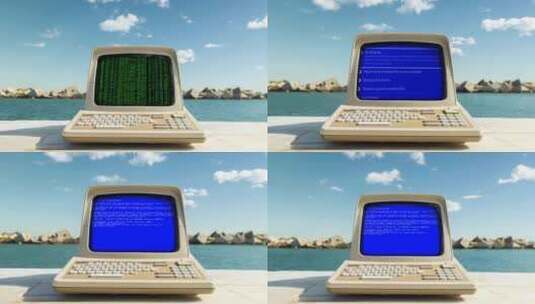 海边的计算机，屏幕上有代码和数据高清在线视频素材下载