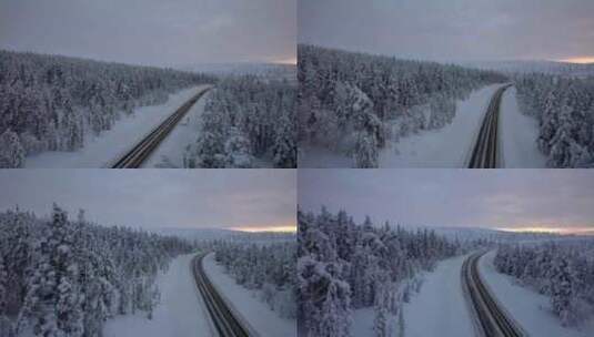 北极芬兰拉普兰冬季仙境森林环绕的路上汽车高清在线视频素材下载