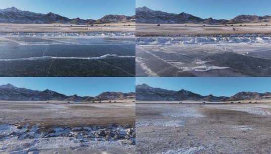 航拍新疆冬季赛里木湖冰封湖面蓝冰美丽纹理高清在线视频素材下载