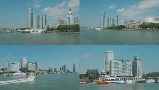厦门市海边环岛路城市风光-轮船上的厦门岛高清在线视频素材下载