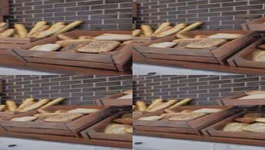 面包店货架上的新鲜面包高清在线视频素材下载