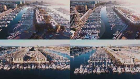 航拍洛杉矶玛丽安德尔雷湾威尼斯运河日出高清在线视频素材下载