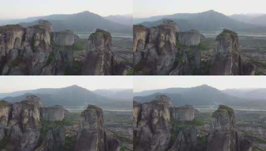 空中拍摄的Meteora岩石希腊和Kal高清在线视频素材下载