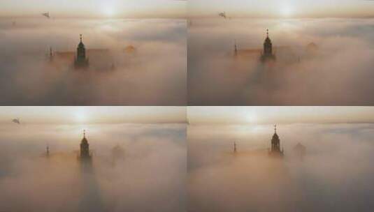 波兰克拉科夫雾蒙蒙的日出中的瓦维尔城堡高清在线视频素材下载