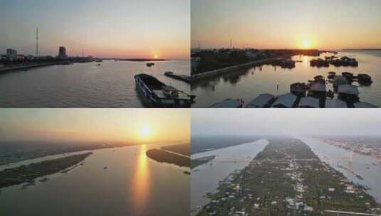 湄公河日出航拍湄公河入海口日出高清在线视频素材下载