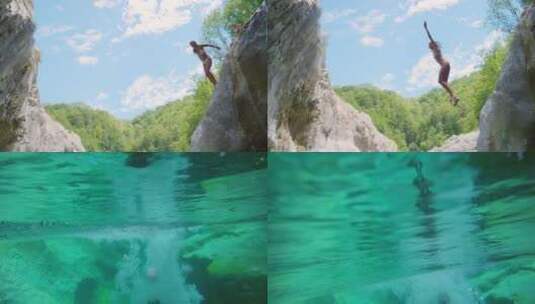 女人，悬崖跳进海里，在水下游泳，冒险，自高清在线视频素材下载