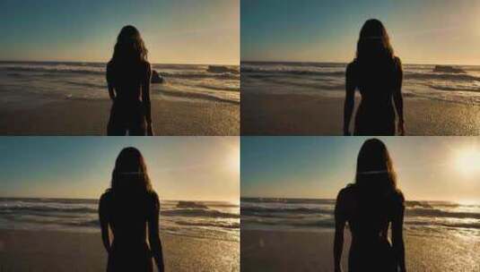 比基尼女人海边夕阳剪影高清在线视频素材下载