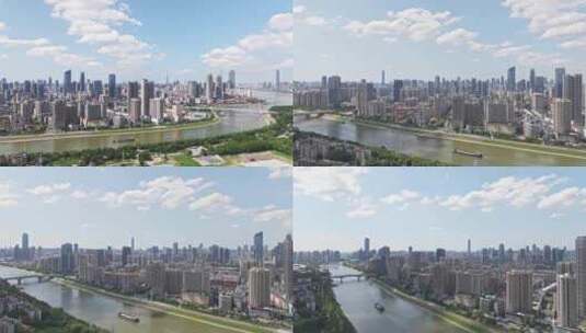 武汉城市汉江里的水路运输货船航拍高清在线视频素材下载