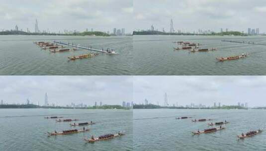南京玄武湖端午节划龙舟比赛航拍高清在线视频素材下载