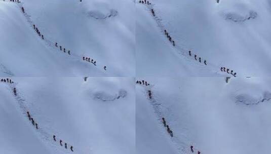 航拍冰川之父慕士塔格峰雪山冰川上的登山队高清在线视频素材下载