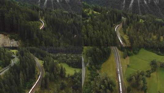 山峰山林穿梭火车旅行在路上自然风景高清在线视频素材下载