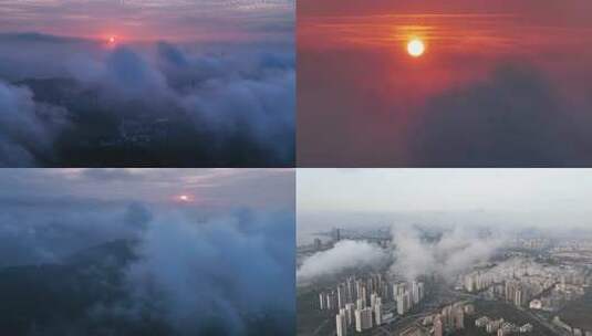 深圳航拍日出云雾俯瞰烟雨城市电网高清在线视频素材下载