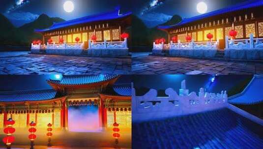 月夜下的古风建筑场景高清在线视频素材下载