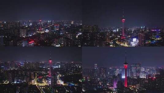 成都地标339熊猫塔电视塔夜景航拍高清在线视频素材下载