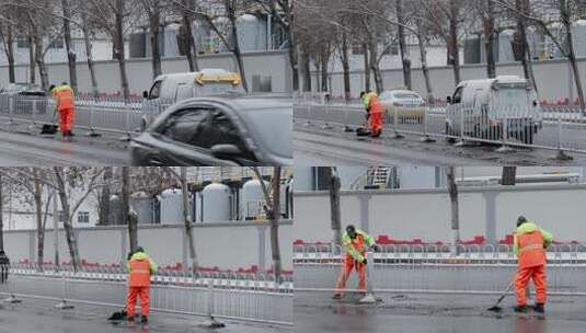 环卫工人清理马路积雪高清在线视频素材下载