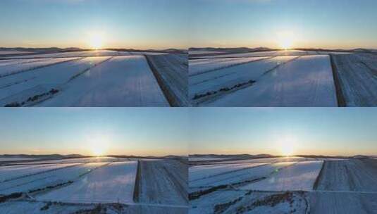 雪后垦区田野夕阳时的美丽景象高清在线视频素材下载