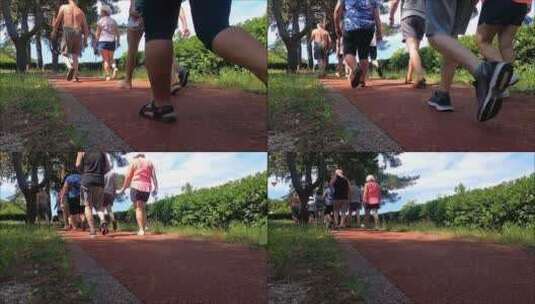 一群老人散步的低视角拍摄高清在线视频素材下载