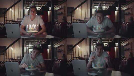 男人通过视频聊天庆祝他的生日高清在线视频素材下载