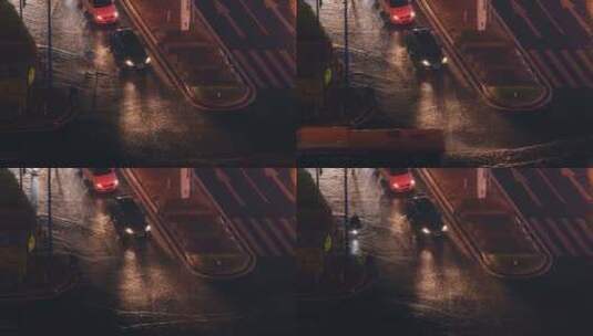 城市夜晚下雨路面积水汽车雨中行驶4k视频高清在线视频素材下载