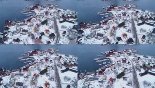 航拍挪威冬季群岛上的建筑高清在线视频素材下载