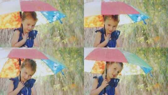 有趣的女孩躲在雨伞下躲雨高清在线视频素材下载